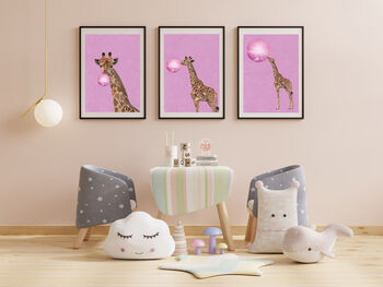 Set Of Three Giraffe Bubblegum Pink Wall Art Print, 3 of 4