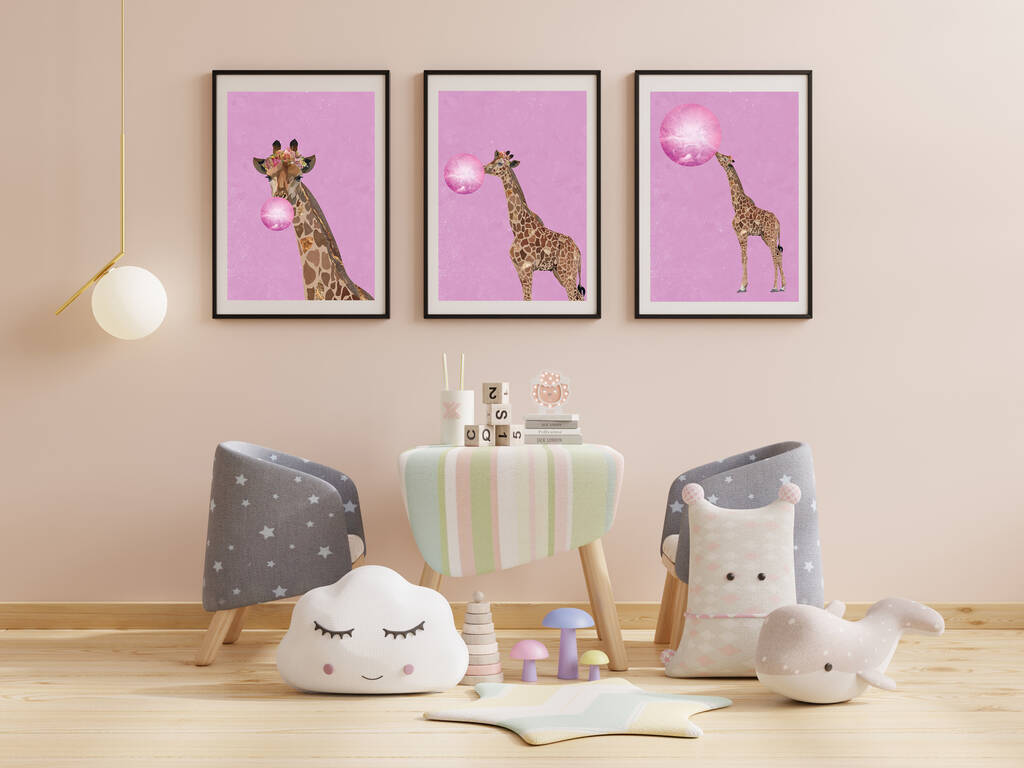 Set Of Three Giraffe Bubblegum Pink Wall Art Print By Sarah Manovski Art