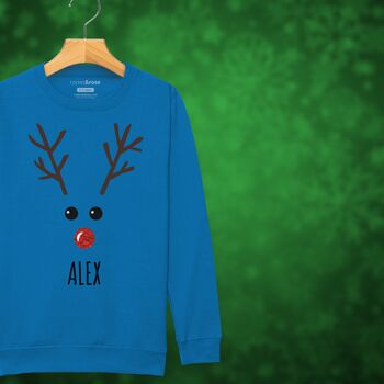 Rudolph The Reindeer Personalised Kids Sweatshirt Christmas Jumper, 3 of 12