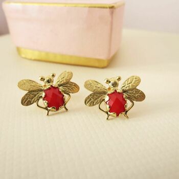 Gold Plated Honey Bee Earrings With Coloured Stone, 2 of 10