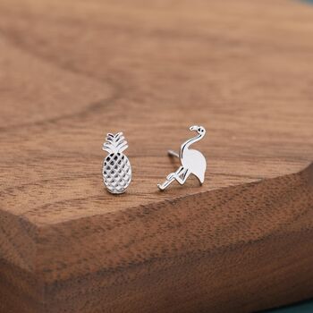 Mismatched Pineapple And Flamingo Stud Earrings In Sterling Silver, 4 of 10