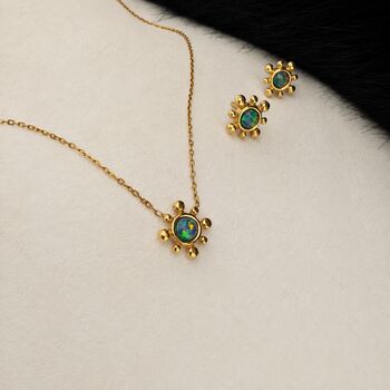 18k Gold Sunburst Australian Green Blue Opal Necklace And Stud Earrings Set, 8 of 12