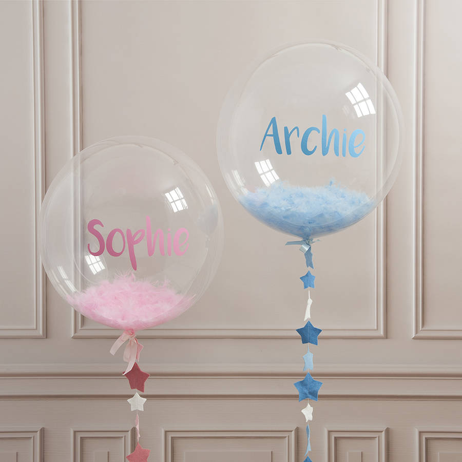 personalised new baby feather filled balloon by bubblegum personalised new baby feather filled balloon by bubblegum