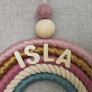 Personalised Rainbow Macrame,Gold Sparkle Wall Hanging, 4 of 12