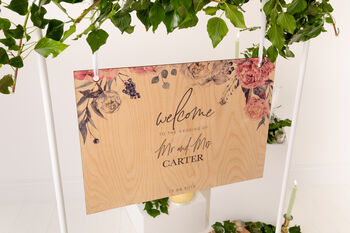 Peony Wedding Welcome Sign In Wood, 6 of 6