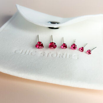 Sterling Silver Hot Pink Crystal Heart Stud Earrings, 3 of 5