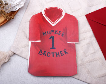 Football Number One Brother Birthday Card With Blue Or Red T Shirt Design, 4 of 8