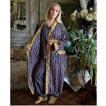 Block Printed Navy Blue, Mustard And Pink Lily Cotton Dressing Gown, 3 of 8