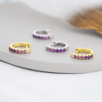 Sterling Silver Amethyst Purple Ombre Cz Huggie Hoops, 2 of 12