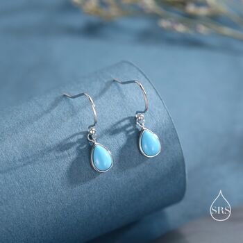 Sterling Silver Pear Cut Blue Turquoise Stone Drop Hook Earrings, 3 of 11