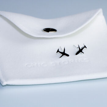 Sterling Silver Black Plane Stud Earrings, 4 of 6