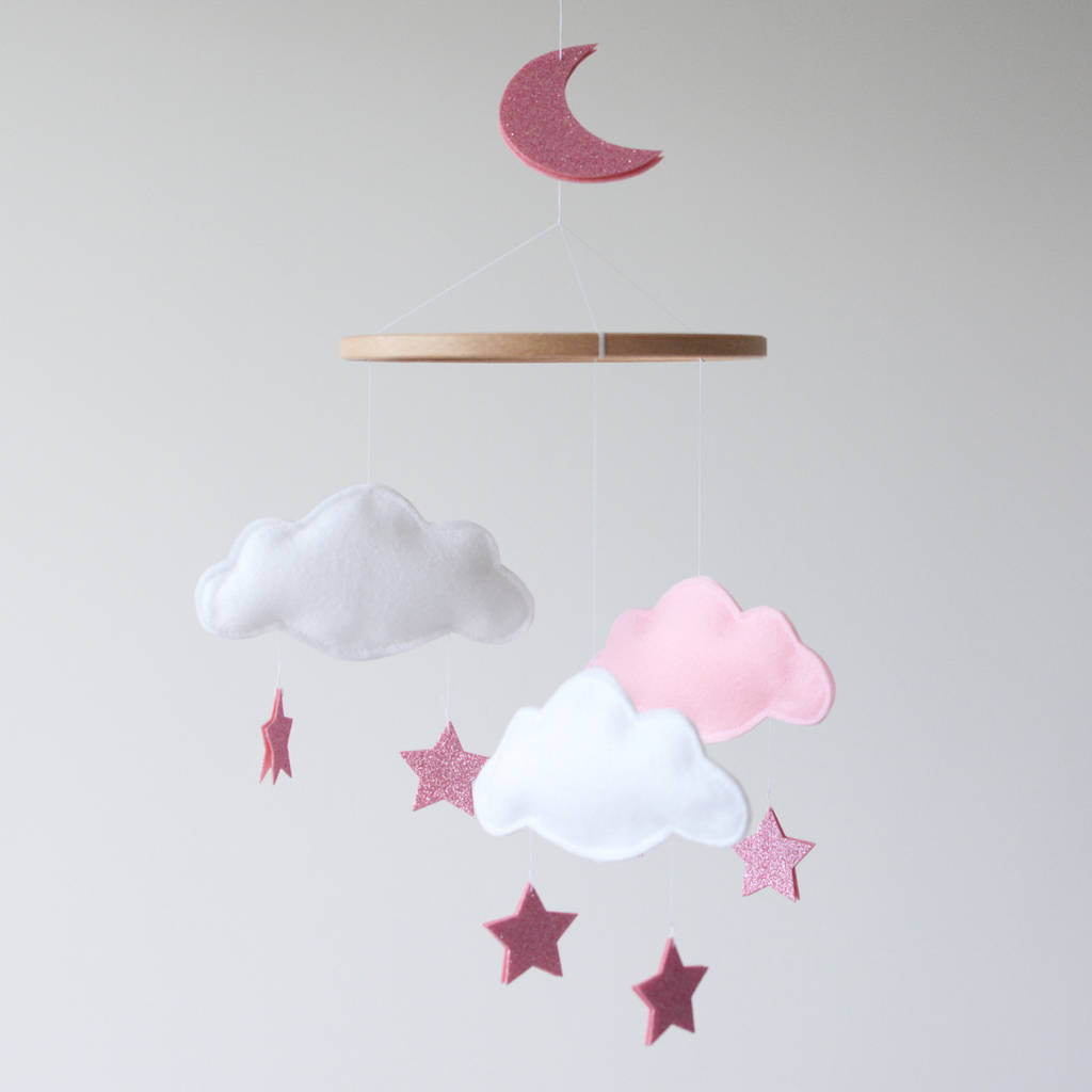 can be personalised Handmade cloud and stars baby nursery mobile with baby pink and lilac stars