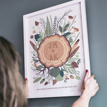 Personalised Woodland Carved Initials Print For Couples, 2 of 3
