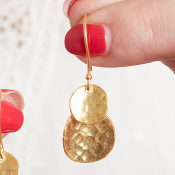 Hammered Gold Plated Silver Disc Dangly Earrings, 4 of 8