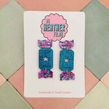 Christmas Cracker Glitzy Glitter Resin Christmas Earrings Red And Gold And Blue And Purple, 8 of 8