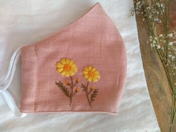 Dusty Pink Linen Face Mask With Hand Embroidered Flower, 2 of 4