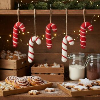 Handmade Felt Candy Cane Set Of Five Decorations, 11 of 11