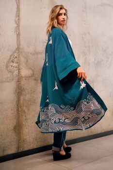 Origami And Hokusai Wave Embroidered Deep Teal Long Kimono, 8 of 12