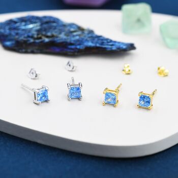 Princess Cut Aquamarine Blue Cz Stud Earrings, 8 of 12