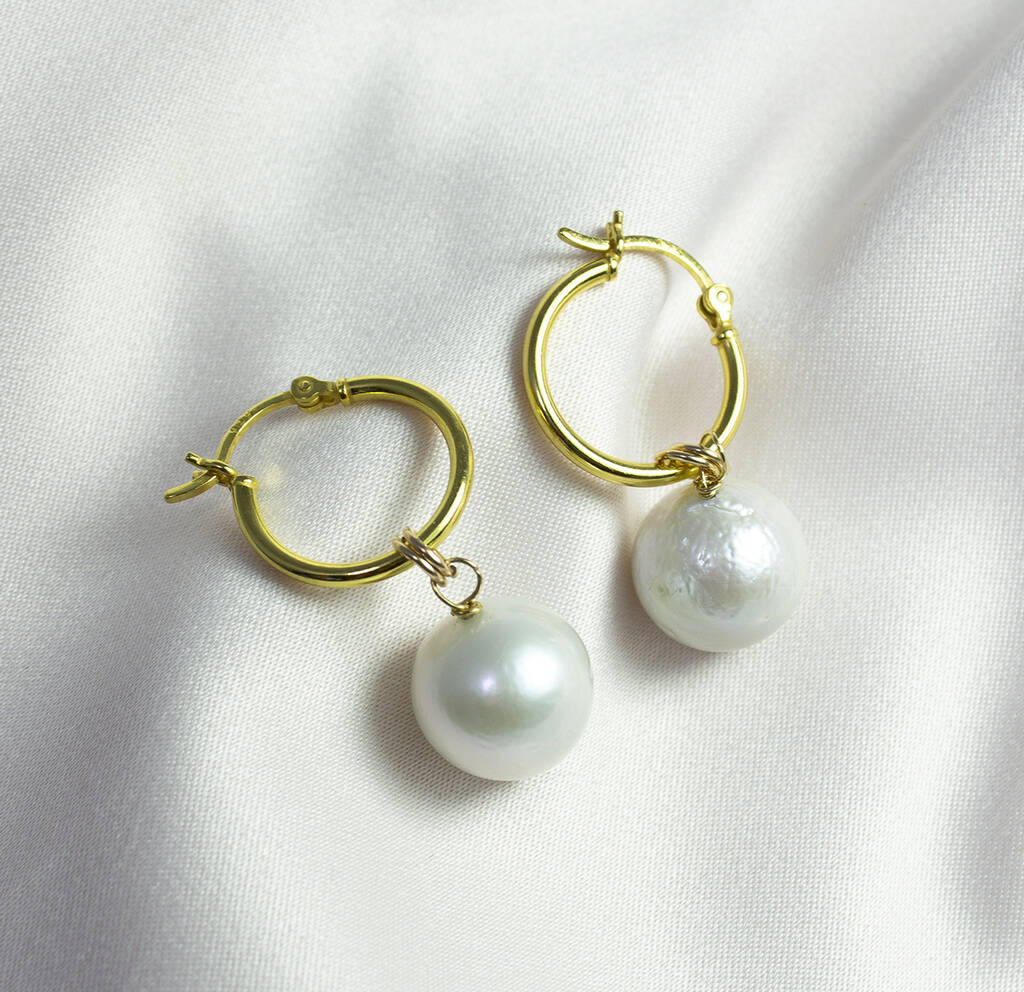 Aoife Baroque Pearl Gold Plated Silver Hoop Earrings, 1 of 4