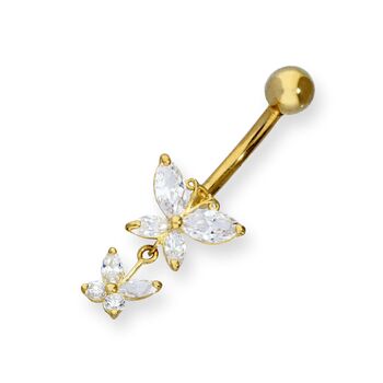 9ct Gold And Double Hanging Clear Cz Butterfly Belly Bar, 2 of 4