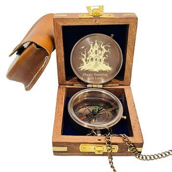 Personalised Halloween Compass With Leather Case Or Wooden Box, 3 of 9