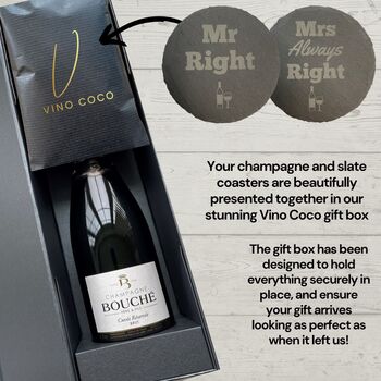 Vino Coco Champagne Gift Set With Mr And Mrs Slate Coasters Perfect For Anniversaries And Wedding Presents, 5 of 8
