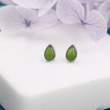 Sterling Silver Genuine Jade Pear Stud Earrings, 3 of 11