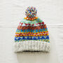 Fair Trade Unisex Bobble Hat Fair Isle Lined Waste Wool, thumbnail 2 of 8