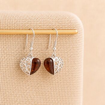Sterling Silver Baltic Amber Filigree Heart Drop Earrings – 15mm, 3 of 5