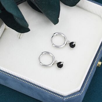 Sterling Silver 4mm Black Onyx Hoop Earrings, 3 of 10