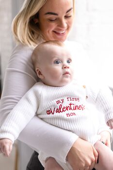 My First Valentines Embroidered Personalised New Baby Romper Three Colours Available, 4 of 11