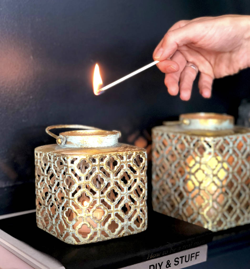 Moroccan Gold Lantern Square Candle Holder Quatrefoil By The Luxe Co