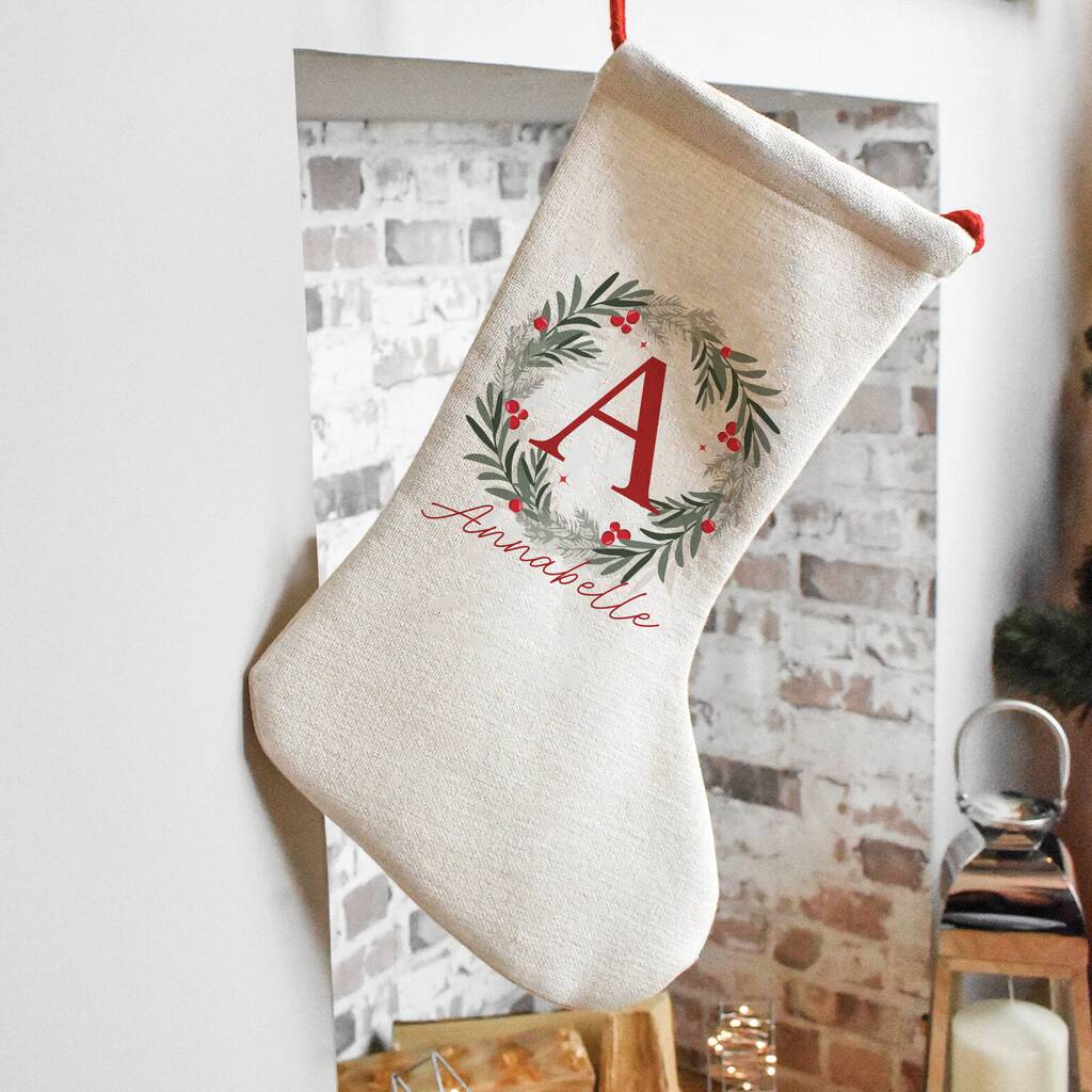 Personalised Wreath Name Christmas Stocking