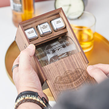 Personalised Premium Walnut Whisky Glass And Cube Set, 2 of 5