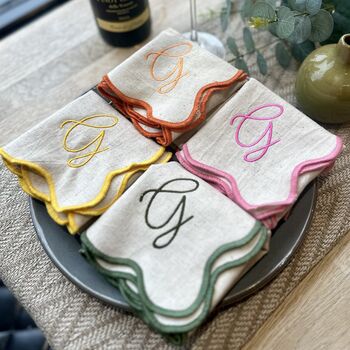 Embroidered Set Of Four Script Initial Scalloped Edge Napkins, 3 of 11