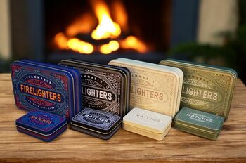 Firelighter And Match Tin Set Cosy Fireside Storage In Sage Green, 5 of 12