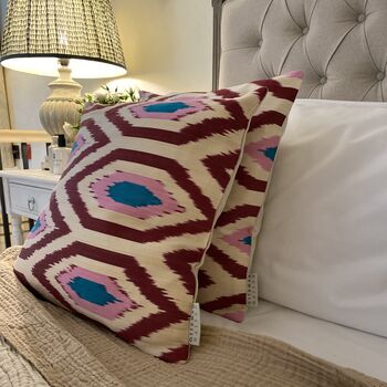 Ikat Silk Cushion Pink And Red Diamond, 7 of 11