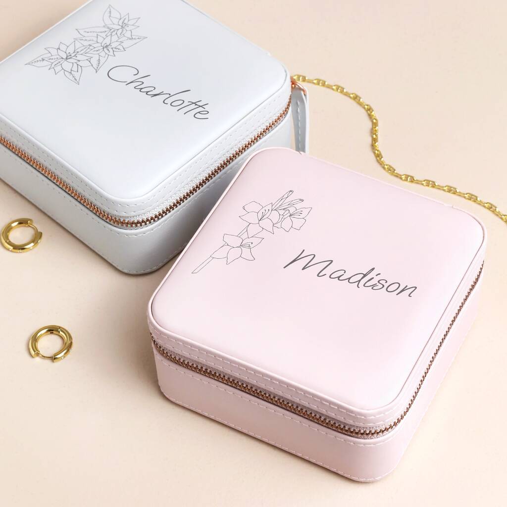 Personalised Birth Flower Square Travel Jewellery Box By Lisa Angel