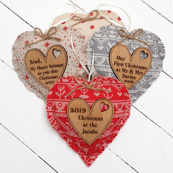 Our First Christmas Couple Oak Fabric Heart Decoration, 3 of 8