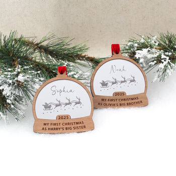 First Christmas As Big Brother Or Sister Snow Globe Style Personalised Bauble, 2 of 7