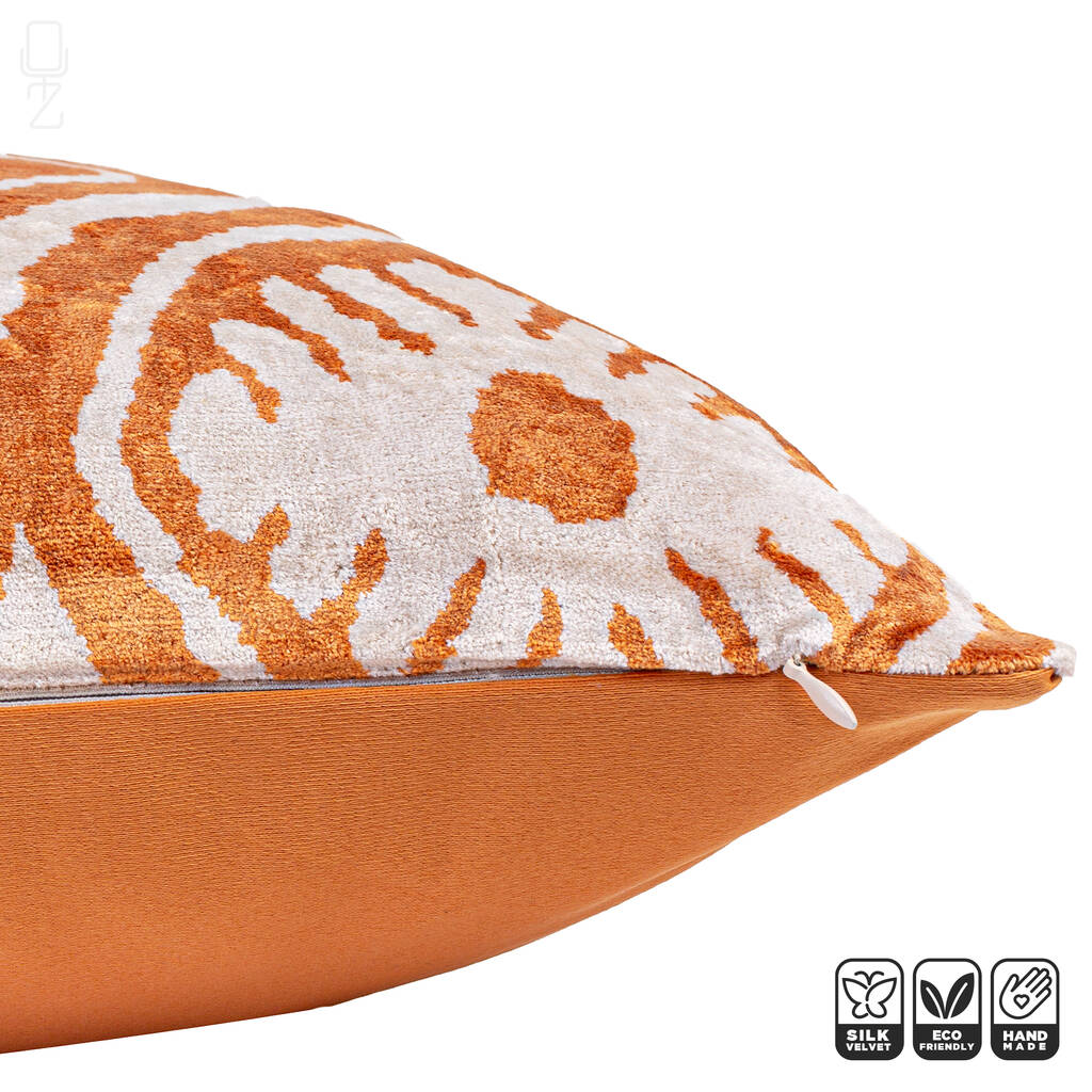 Cinnamon Silk Ikat Velvet Decorative Cushion Covers, Front side is 100% Silk Velvet, Back factory side is Soft Cinnamon Fabric, OEKO-TEX® Standard