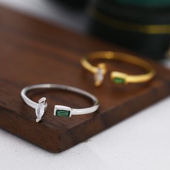 Sterling Silver Emerald Green Cz Marquise And Baguette Open Ring, 7 of 12