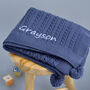 Personalised Dusty Blue Knitted Baby Blanket, thumbnail 2 of 9