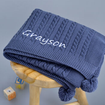 Personalised Dusty Blue Knitted Baby Blanket, 2 of 9