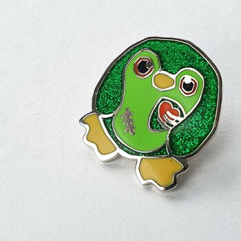 Zombie Penguin Pin, Glittery Green Zombie Enamel Pin, 5 of 7