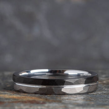 Hammered Brushed Silver And Black Tungsten Ring – 4mm Wide, 7 of 12
