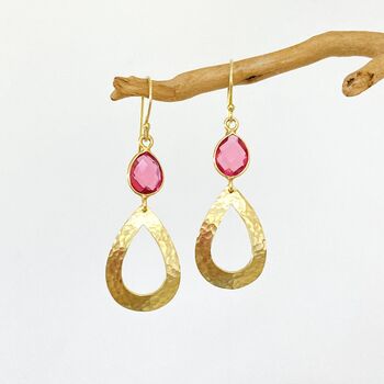 Gold Plated Teardrop And Pink Glass Earrings, 3 of 4