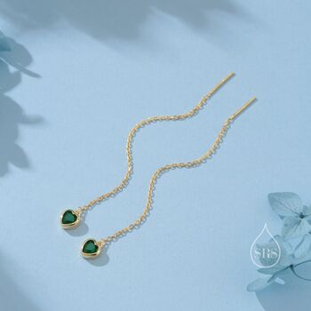 Tiny Emerald Green Cz Heart Threader Earrings, 2 of 10
