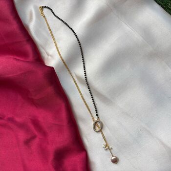 Half Black Bead Gold Plated Oval Pearl Y Shape Lariat Mangalsutra, 2 of 5